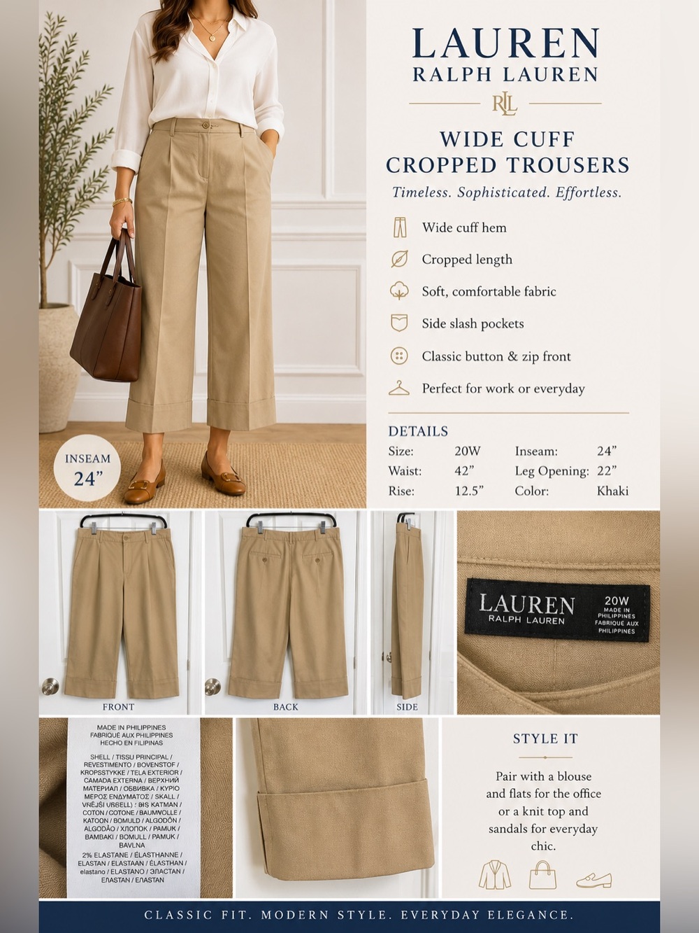 Ralph Lauren Khaki Wide Cuff Cropped Trousers